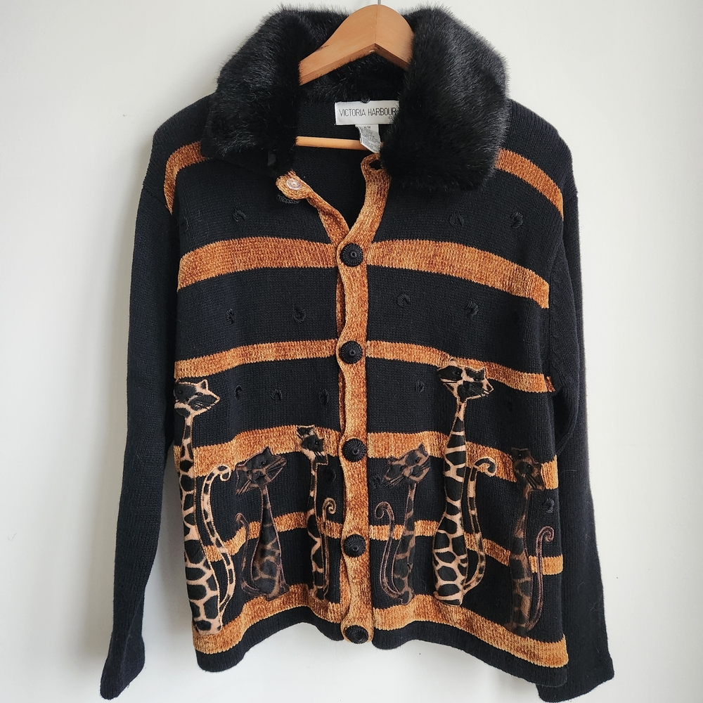 Victoria Harbour Cat Cardigan, Removable Faux Fue Trim, Shoulder Pads, Vintage